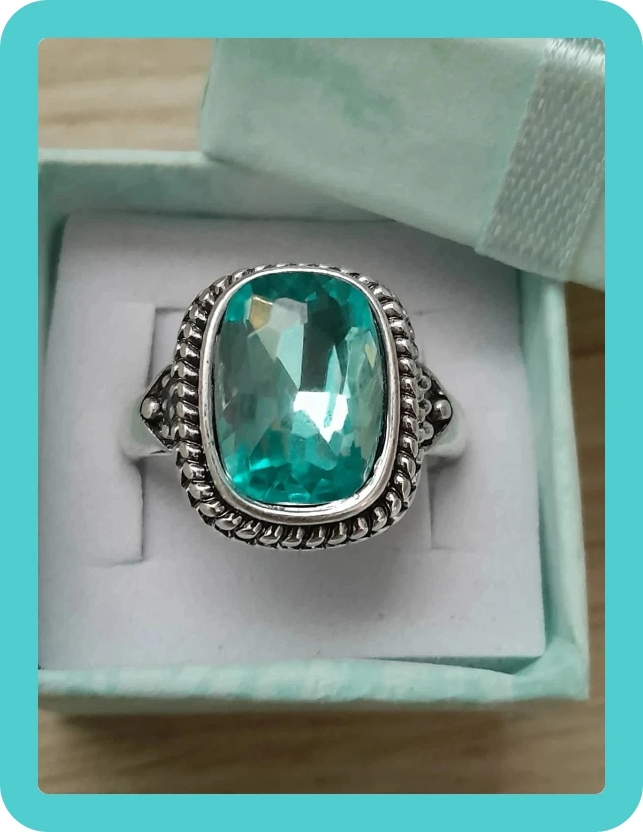 Bague stijl Vintage, rechthoekig, gegraveerd blauwe steen kleur Zilveren verouderde maat 60 – photo 2